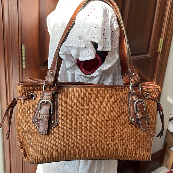 Fossil Vintage Straw bag/leather trim cinnamon brown/brown Silvertone 3 compart - Picture 1 of 17